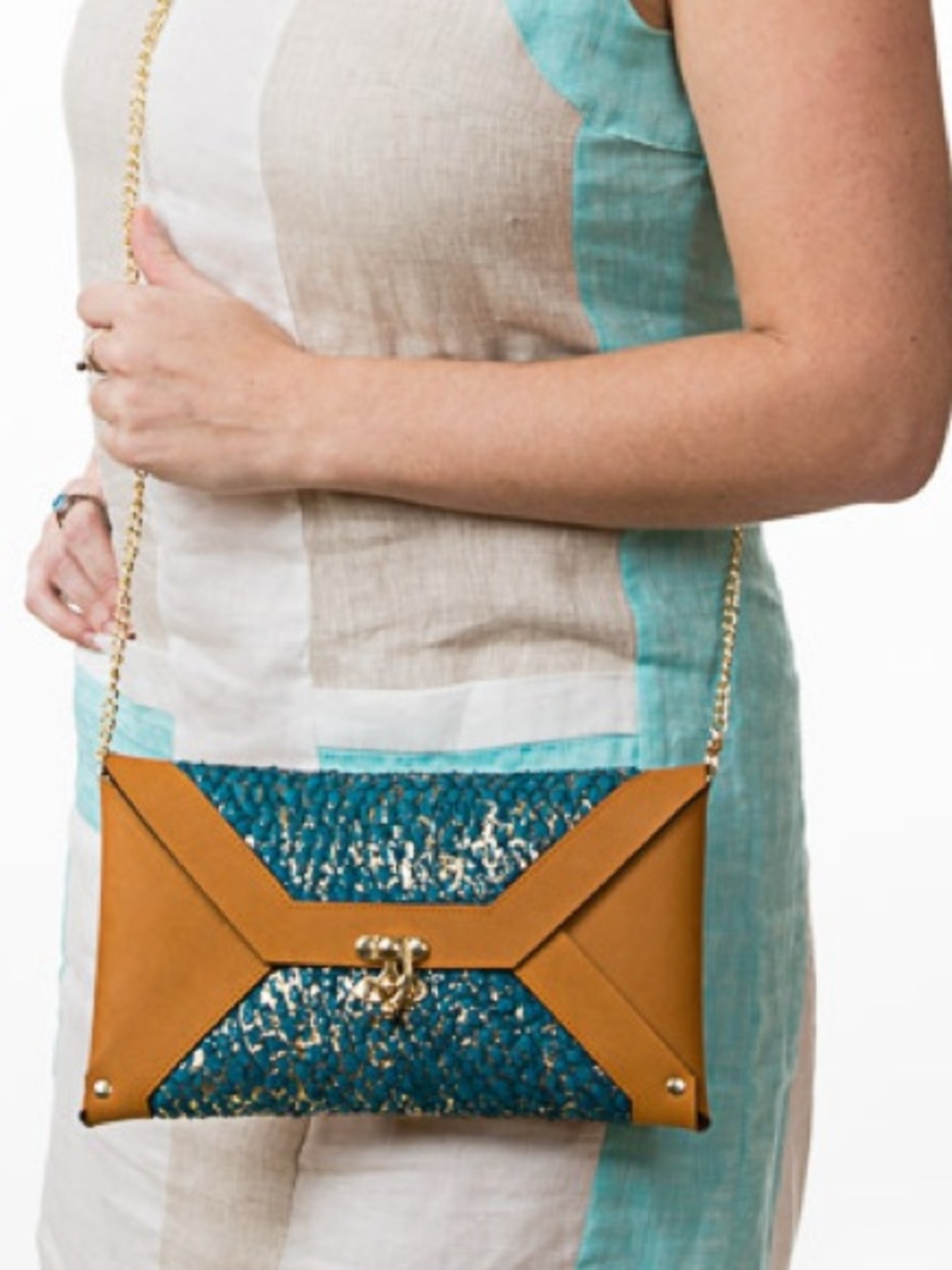 Erika Lynn Fish Leather Brown Turquoise Crossbody Clutch Art To Wear